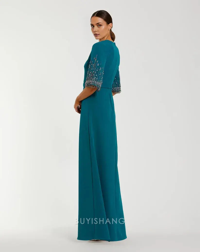 Elegant Crew Neck Embellished Sleeve A-Line Maxi Dress Mother of the Bride Dress